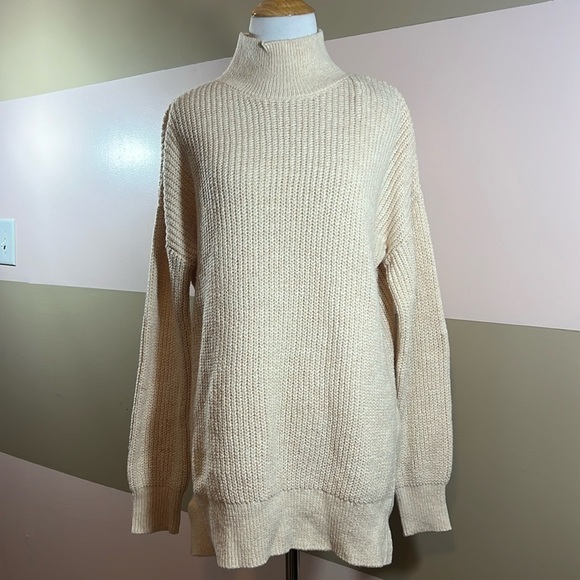 ABOUND Size Small Beige Oatmeal/Light Heather Mock Neck Ribbed Long Sweater - Picture 1 of 8